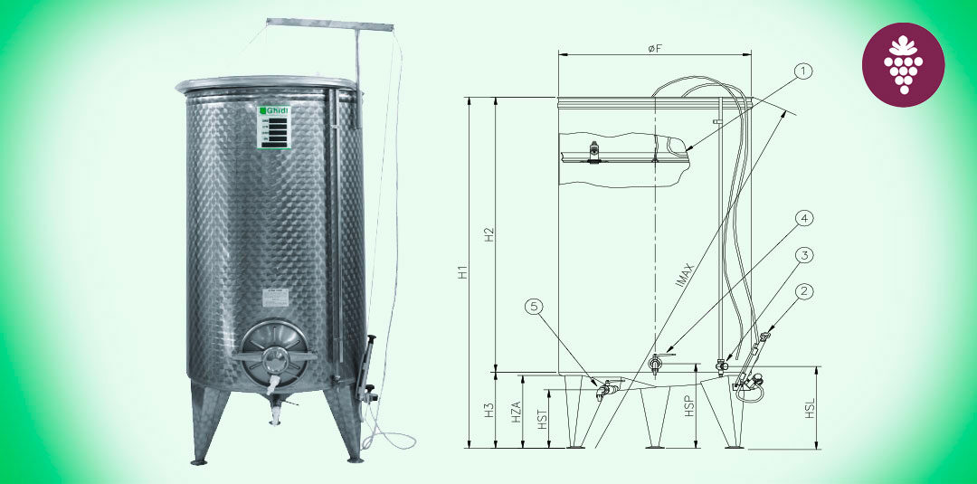 09. Serbatoio VINO fondo conico su gambe sistema pneumatico Acciaio INOX AISI 304