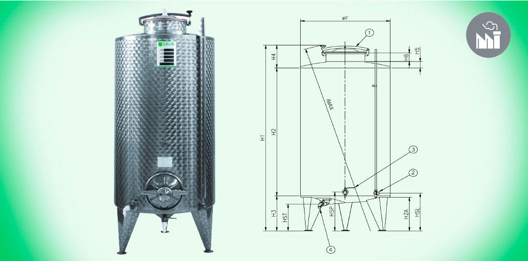 10. Serbatoio INDUSTRIA fondo conico su gambe da stoccaggio Acciaio INOX AISI 304