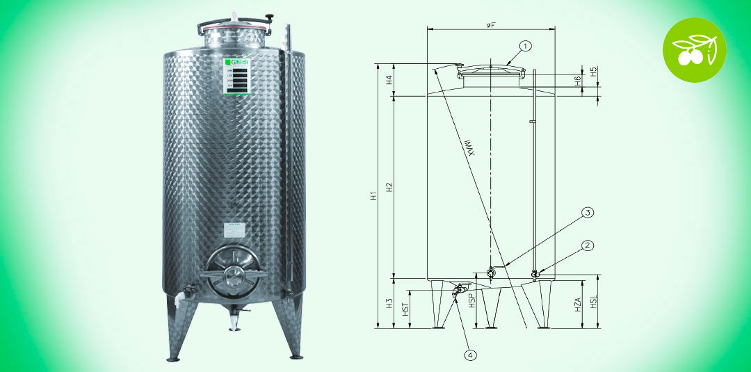 10. Serbatoio OLIO fondo conico su gambe da stoccaggio Acciaio INOX AISI 304