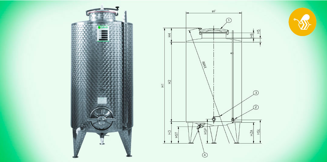 10. Serbatoio MIELE fondo conico su gambe da stoccaggio Acciaio INOX AISI 304