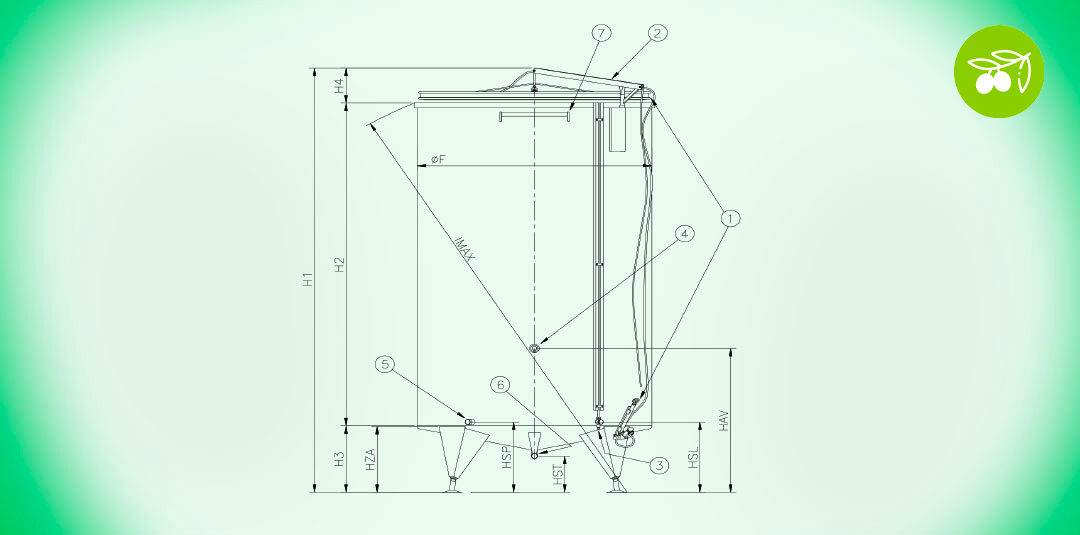 21. Serbatoio OLIO fondo conico su gambe sistema pneumatico Acciaio INOX AISI 304